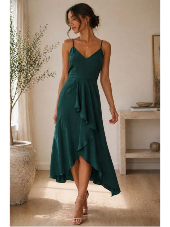 Gianni Bini Dresses & Skirts - Gianni Bini Emerald Green Asymmetrical Ruffle Midi Dress Slip Strappy Size 8
